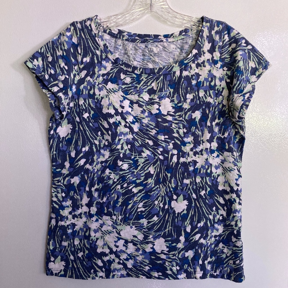 Blue White Floral LANDS END Cotton T-Shirt Top S